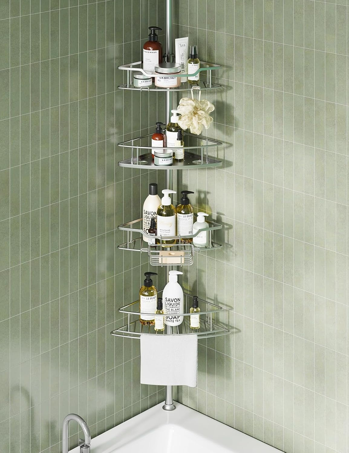 Corner Shower Caddy Tension Pole, 4-Tier Rustproof Shower Shelves for ...