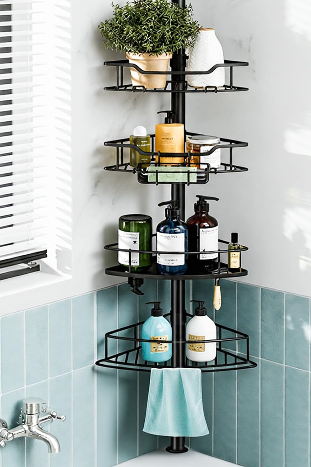 Corner Shower Caddy Tension Pole, 4 Tier Rustproof Shower Tension Rod ...
