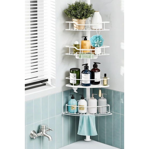 Corner Shower Caddy Tension Pole, 4 Tier Rustproof Shower Tension Rod Organizer, Adjustable 25-125 Inch Bathroom Shower Organizer Shelves for Bathtub Shampoo Storage, White