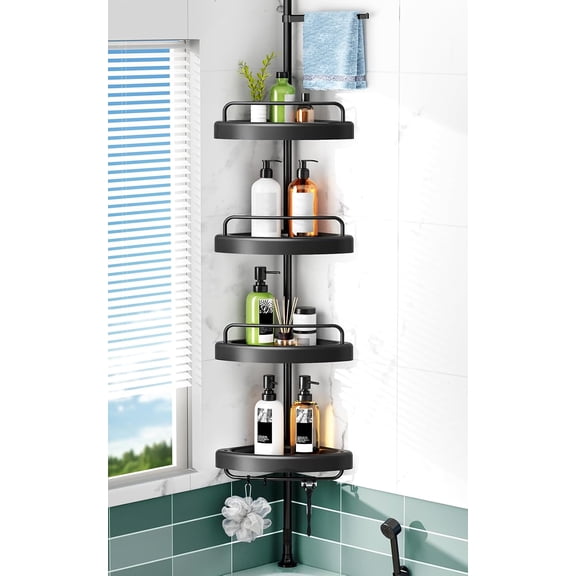 Corner Shower Caddy Tension Pole: 4 Tier Shampoo Storage Organizer for Inside Shower - Telescoping Rod Shower Rack for Bathroom and Bathtub - Restroom Floor Standing Bath Rack Holder Black