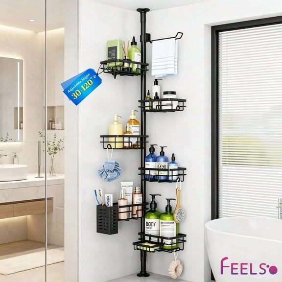 Corner Shower Caddy Tension Pole, Adjustable 30-120 Inch Bathroom Organizer Storage, Rustproof 6-Tier Shower Corner Shelves, Towel Rack, Toothbrush Holder, Soap Dish Organizers