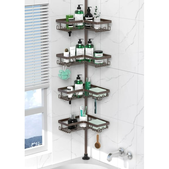 Shower Caddy Tension Pole - Adjustable 4-Tier Shower Shelf Stainless Steel Corner Tension Rod Bathroom Organizer Shampoo Holder with Soap Holders & Hooks for Bath, Tub, Floor Space Saving