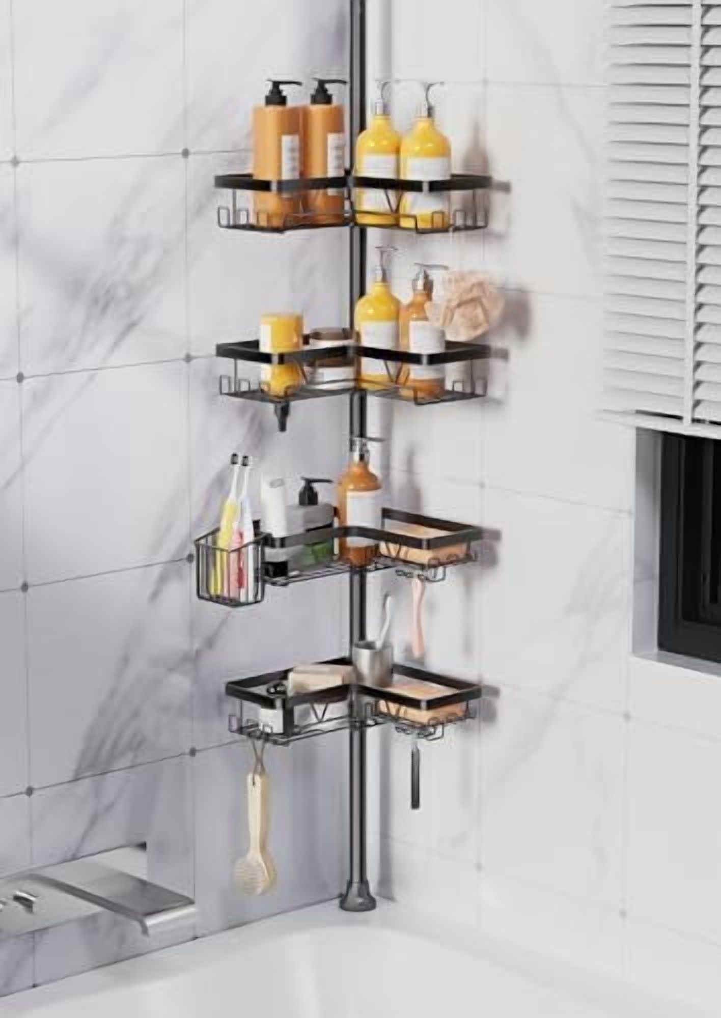 Corner Shower Caddy Tension Pole, Adjustable Bathroom Organizer Shelf ...
