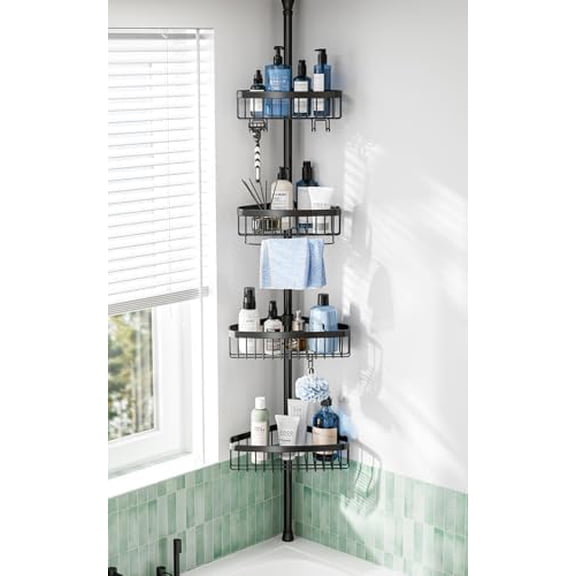 Corner Shower Caddy Tension Pole: Adjustable Rustproof 4-Tier Inside Bathroom Organizer - 47-121 inch Quick Installation Bathtub Shelves for Shampoo Storage - Rod Floor Standing Bath Rack - Black