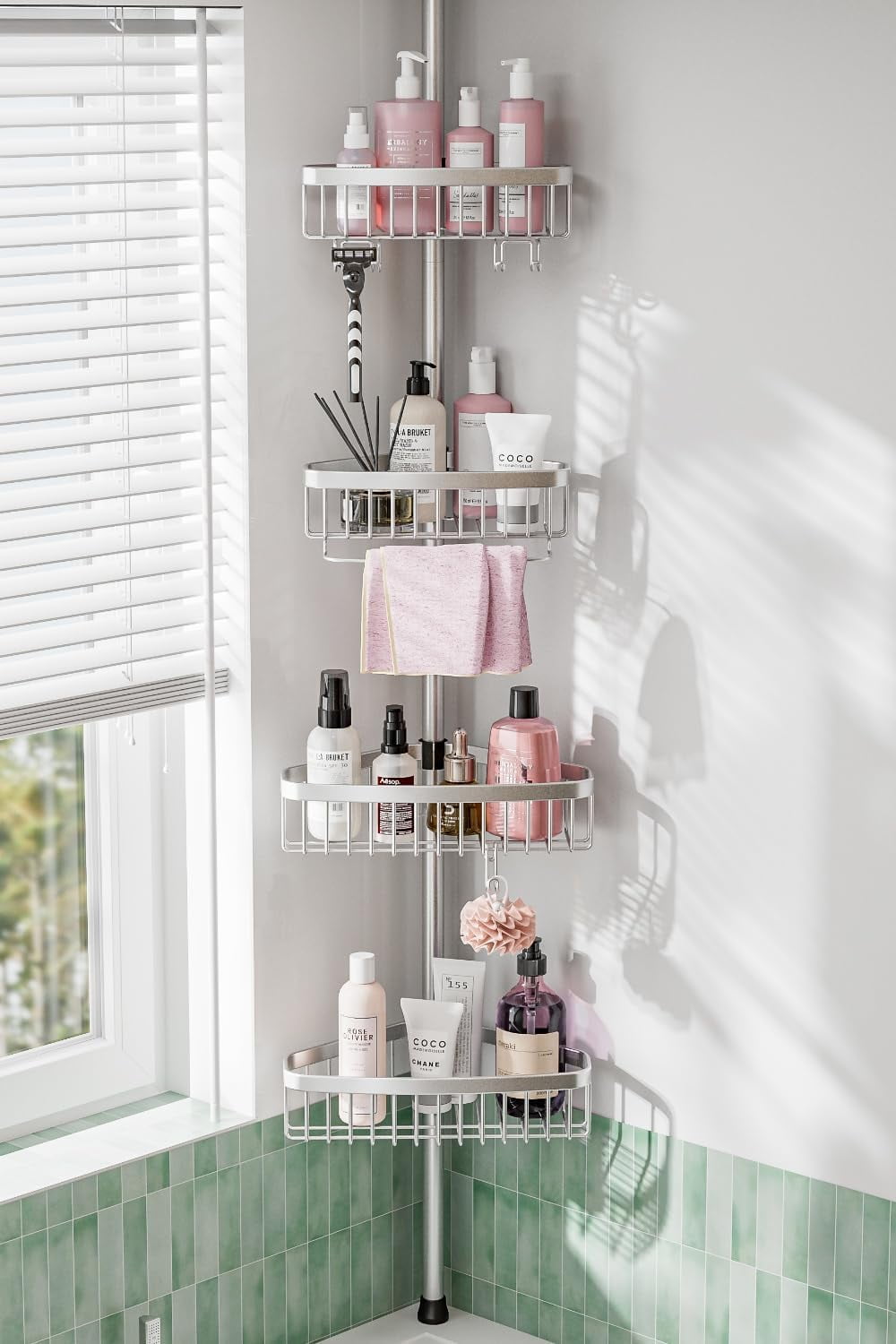 Corner Shower Caddy Tension Pole: Adjustable Rustproof 4-Tier Inside ...