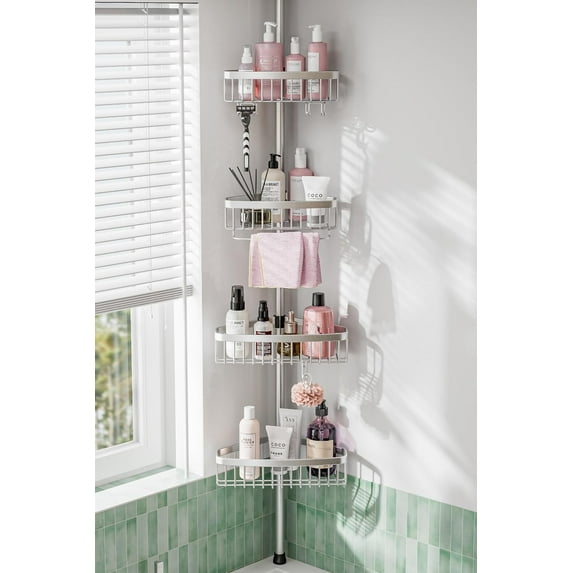 Corner Shower Caddy Tension Pole: Adjustable Rustproof 4-Tier Inside Bathroom Organizer - 47-121 inch Quick Installation Bathtub Shelves for Shampoo Storage - Rod Floor Standing Bath Rack
