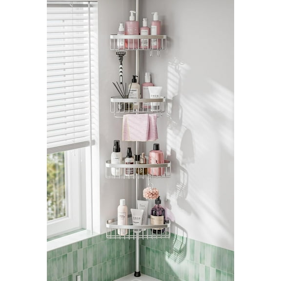 Corner Shower Caddy Tension Pole: Adjustable Rustproof 4-Tier Inside Bathroom Organizer - 47-121 inch Quick Installation Bathtub Shelves for Shampoo Storage - Rod Floor Standing Bath Rack