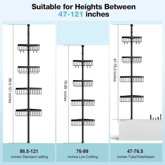 Corner Shower Caddy Tension Pole: Adjustable Rustproof 4-Tier Inside Bathroom Organizer - 47-121 inch Quick Installation Bathtub Shelves for Shampoo Storage - Rod Floor Standing Bath Rack - Black