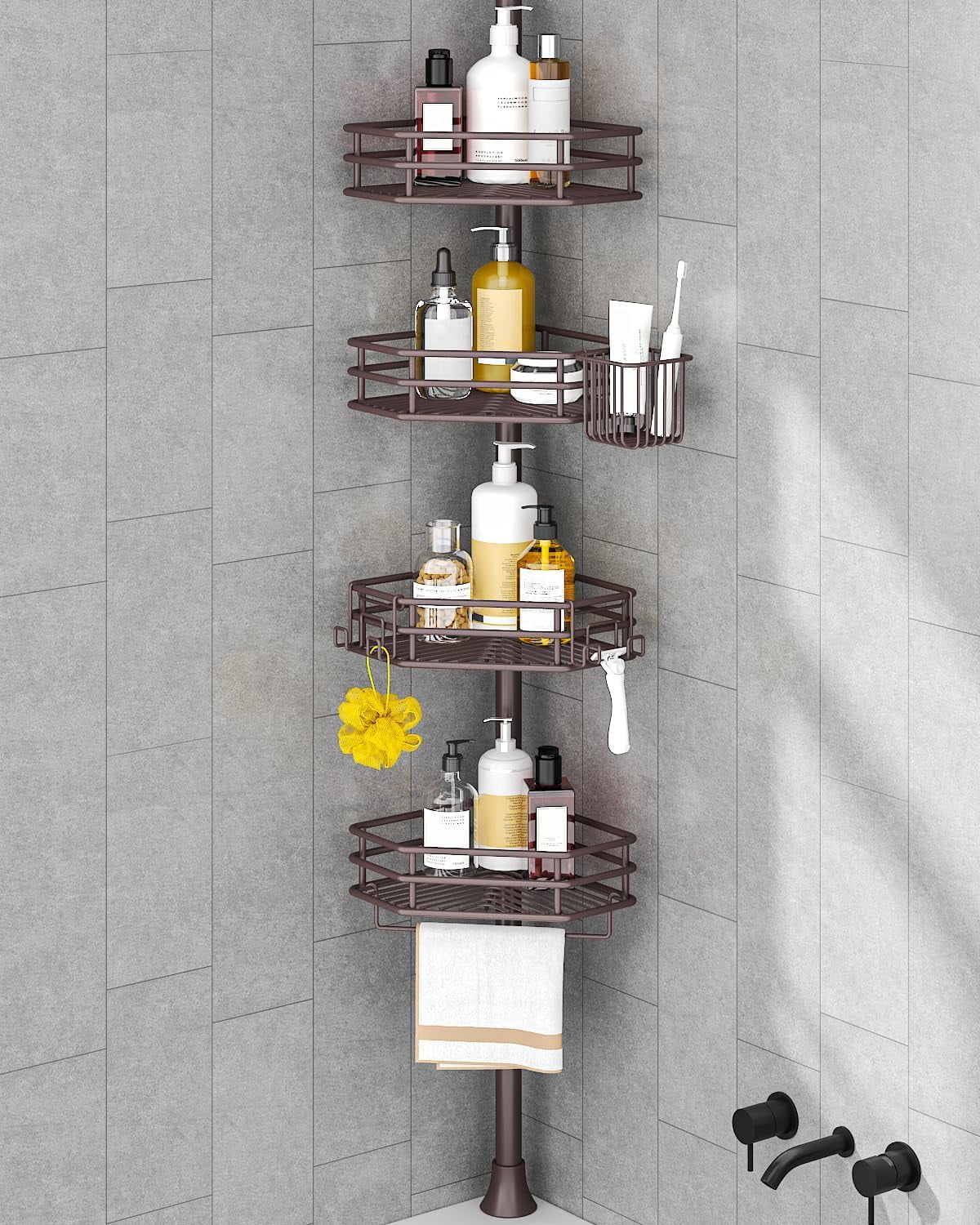 BAOYOUNI 4 Tier Shower Pole Caddy Tension Rod Adjustable Corner Storage Rack