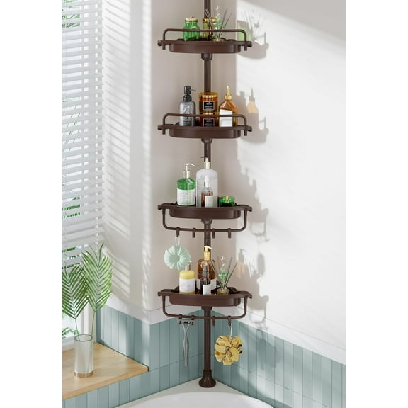 Corner Shower Caddy Tension Pole Brown Shower Caddy 18/8 Stainless Steel Rustproof 4 Tier Adjustable Shower Organizer Bathroom Shelves Storage Rack 32-122inch