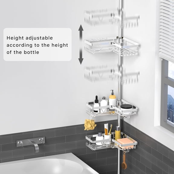 Corner Shower Caddy Tension Pole - Chrome 4-Tier Adjustable Shower Tension Rod Organizer with Hooks & Soap Holders, 25-114.2 Inch Stainless Steel Shower Storage Rack for Renters & Family
