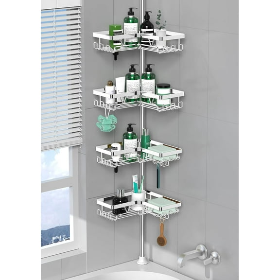 Corner Shower Caddy Tension Pole - Chrome Tension Rod Shower Caddy Adjustable Shampoo Holder for Bathroom/Bathtub/RV, Stainless Steel, Floor to Ceiling 25-114.2 inch