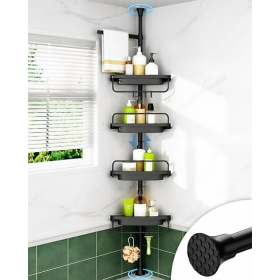 Corner Shower Caddy Tension Pole, Extendable Rustproof Stainless Steel Pole & 4-Tier Adjustable Shelves for Easy Drainage and Built-to-Last Stability, 34 to 116 Inch, Black
