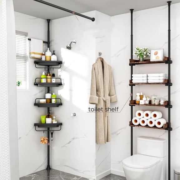 Corner Shower Caddy Tension Pole, Extendable Rustproof Stainless Steel Pole & 4-Tier Adjustable Shelves for Easy Drainage, 34 to 116 Inches, Black