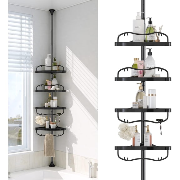 Corner Shower Caddy Tension Pole - Heavy Duty Floor to Ceiling Shower Organizer Tension Pole with 4 Shelves,54"-114