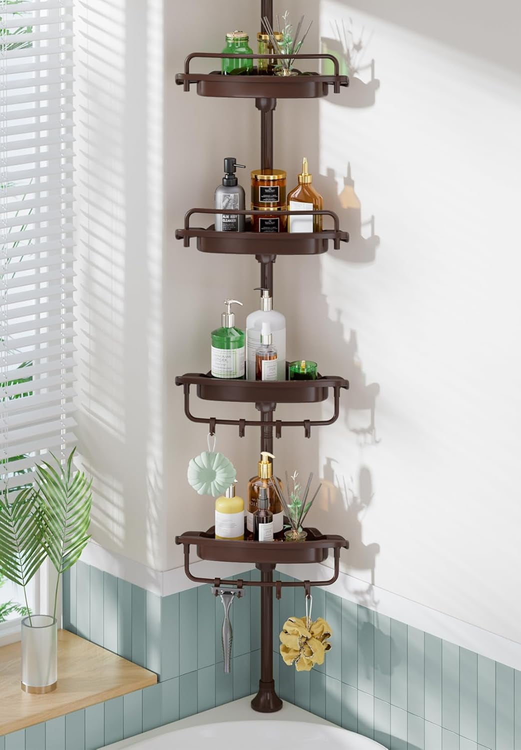 XLHOMO 32-122inch Corner Shower Caddy Tension Pole With Shower Curtain, Rustproof Drill-Free Adjustable Shower Shelves For Bathroom Bathtub Washbasin With 4 Tier Patent Stable Shelves Towel Bars - View #10