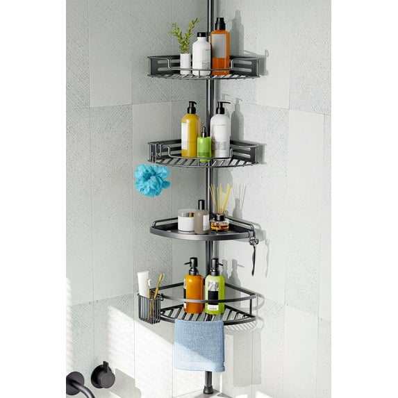 Corner Shower Caddy Tension Pole: Quick Installation 4-Tier Rustproof Bathroom Organizer Shelves for Bathtub Shampoo Storage - 47-121 inch Adjustable Floor Standing Bath Rack Holder - Silver