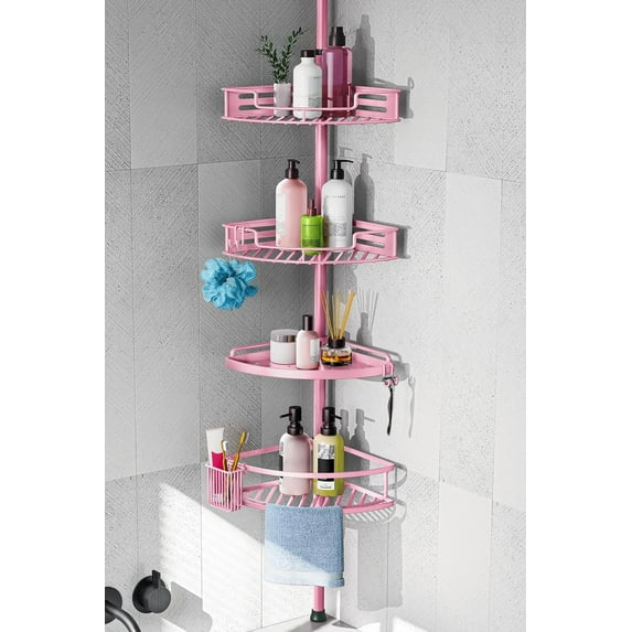 Corner Shower Caddy Tension Pole: Quick Installation 4-Tier Rustproof Bathroom Organizer Shelves for Bathtub Shampoo Storage - 47-121 inch Adjustable Floor Standing Bath Rack Holder - Silver