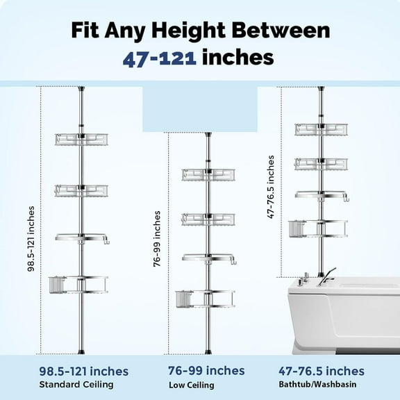 Corner Shower Caddy Tension Pole: Quick Installation 4-Tier Rustproof Bathroom Organizer Shelves for Bathtub Shampoo Storage - 47-121 inch Adjustable Floor Standing Bath Rack Holder - Silver