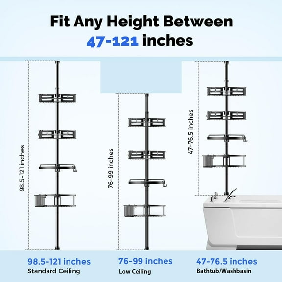 Corner Shower Caddy Tension Pole: Quick Installation 4-Tier Rustproof Bathroom Organizer Shelves for Bathtub Shampoo Storage - 47-121 inch Adjustable Floor Standing Bath Rack Holder - Black