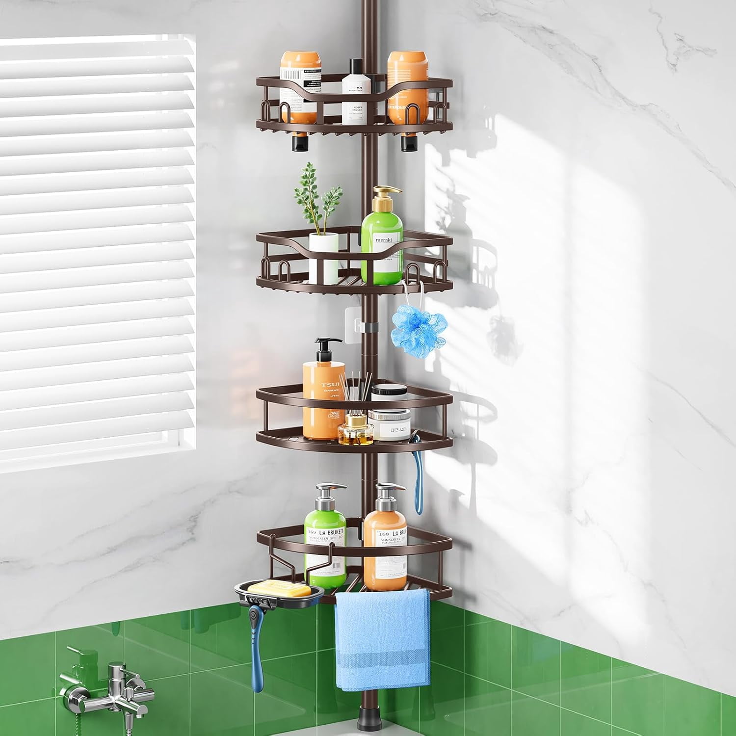 Corner Shower Caddy Tension Pole: Quick Installation Adjustable Shower ...