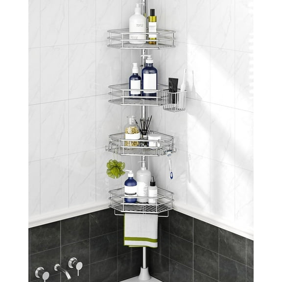 Corner Shower Caddy Tension Pole, Quick Setup, Rust-Free Bathroom Shower Organizer Corner for Bathtub Shampoo Storage, 4-Tier Adjustable Shelf, Drill Free, Fits 34 to 116 Inch Height, Silver