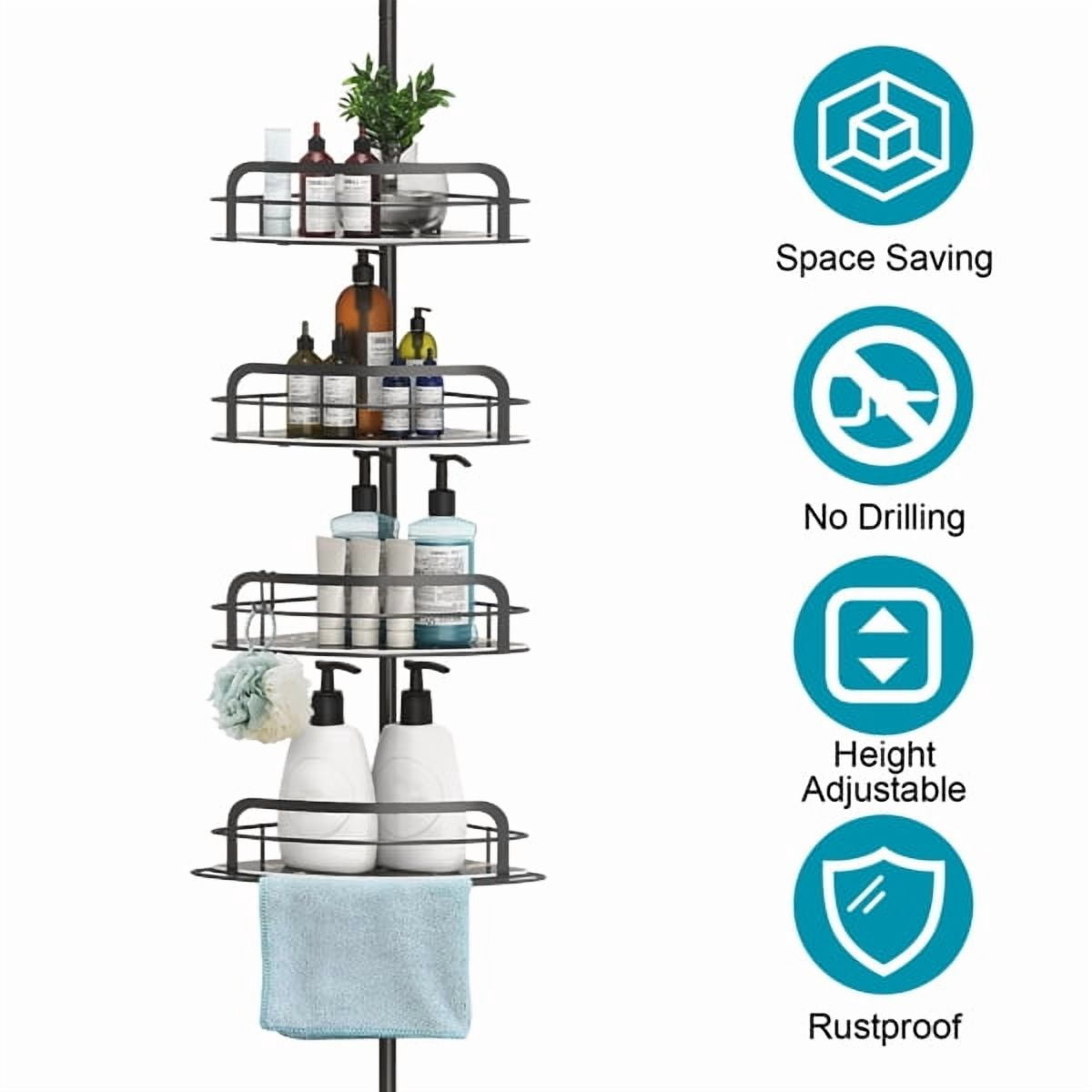 Corner Shower Caddy Tension Pole, Quick Setup, Rust-Free Bathroom Shower Organizer Corner for Bathtub Shampoo Storage, 4-Tier Adjustable Shelf, Drill Free, Fits 8.66 to 116 Inch Height, Black
