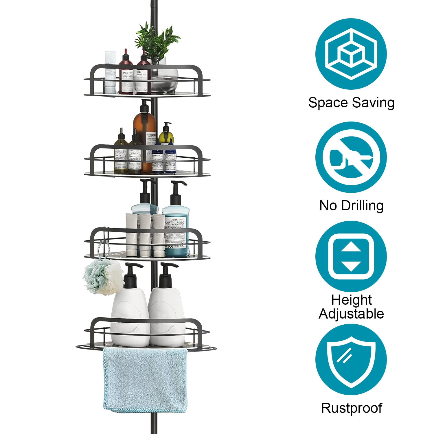 Corner Shower Caddy Tension Pole, Rust-Free Bathroom Shower Organizer Corner for Bathtub Shampoo Storage, 4-Tier Adjustable Shelf, Drill Free, Quick Setup, Black