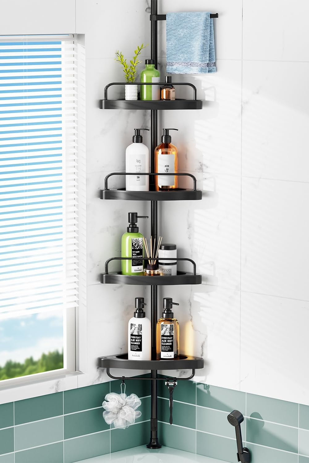 Corner Shower Caddy Tension Pole Rust Proof 4Tier Shampoo Storage Organizer for Inside Shower Telescoping Rod Shower Rack for Bathroom and Bathtub Restroom Floor Standing Bath Rack Holder Black Walmar...