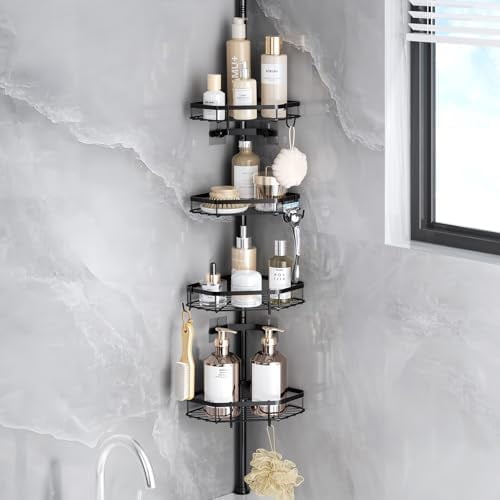 Corner Shower Caddy Tension Pole, Rust-resistant Shower Organizer, Strong Spring, 4 Adhesive Pads, Non-Slip Grid Base, Adjustable 4-Tier Basket, 8 Hooks, Fits Heights 19.7-113.8", Black
