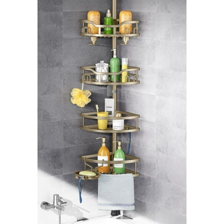 Corner Shower Caddy Tension Pole: Rustproof 4-Tier Bathroom Organizer Shelves for Bathtub Shampoo Storage - 47-121 Inch Quick Install Adjustable Rod Standing Rack with Soap Rack - Matte Gold