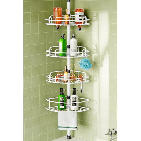 Corner Shower Caddy Tension Pole: Rustproof Bathroom Organizer Shelves for Bathtub Shampoo Accessories Storage Holder - 47-121 Inch Adjust - White