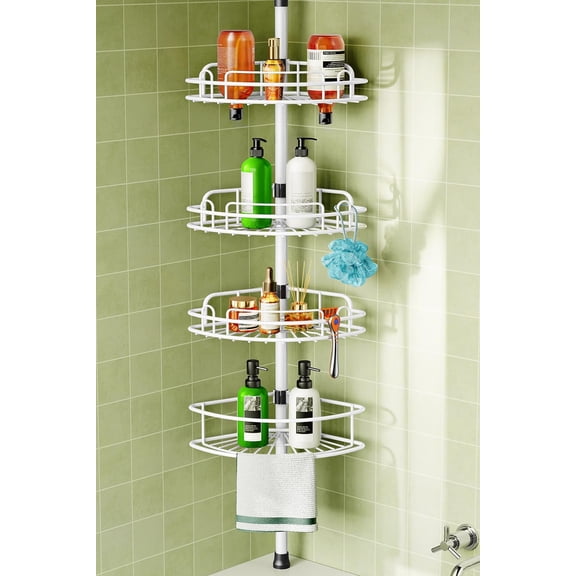 Corner Shower Caddy Tension Pole: Rustproof Bathroom Organizer Shelves for Bathtub Shampoo Accessories Storage Holder - 47-121 Inch Adjust - White