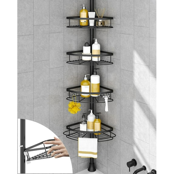 Corner Shower Caddy Tension Pole, Rustproof Bathroom Shower Organizer Corner, 4-Tier Adjustable Bathroom Shelf, Solid Rack Ideal for Bathtub Storage, 34 to 116 Inch Height, Black
