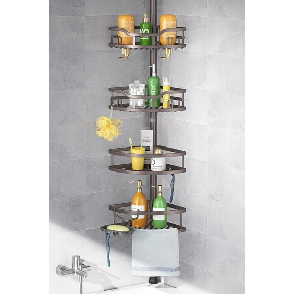 Corner Shower Caddy Tension Pole: Rustproof Stable 4-Tier Bathroom Organizer Shelves for Bathtub Shampoo Storage - 47-121 Inch Quick Install Adjustable Standing Rack with Soap Rack - Bronze