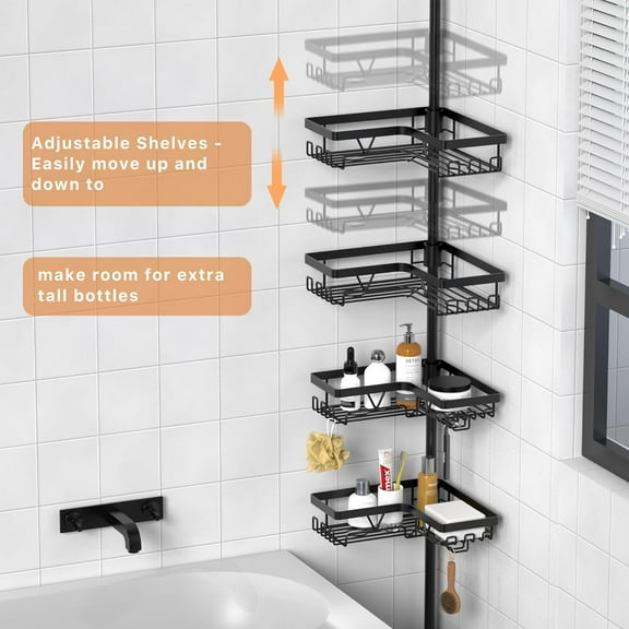 Corner Shower Caddy Tension Pole - Shower Tension Rod Organizer, Floor to Ceiling Shower Caddy 25-114.2 inch, Towel Rack Corner Waterproof, Black