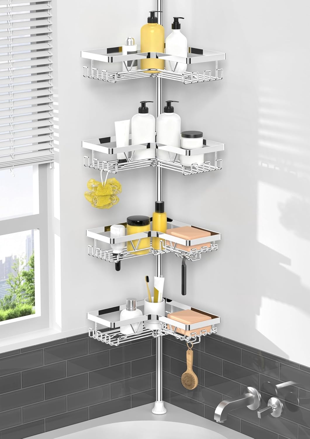 Corner Shower Caddy Tension Pole - Shower Tension Rod Organizer, Floor ...