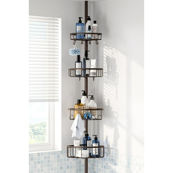 Corner Shower Caddy Tension Pole: Stainless Steel Rustproof 4-Tier Shower Organizer, 47-121 inch Adjustable Bathroom Shelves for Bathtub Shampoo Storage - Tension Rod Floor Standing Bath Rack -Bronze