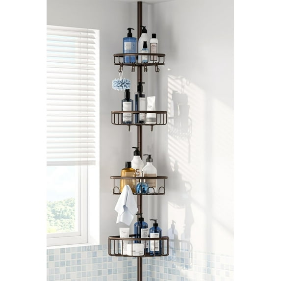 Corner Shower Caddy Tension Pole: Stainless Steel Rustproof 4-Tier Shower Organizer, 47-121 inch Adjustable Bathroom Shelves for Bathtub Shampoo Storage - Tension Rod Floor Standing Bath Rack -Bronze