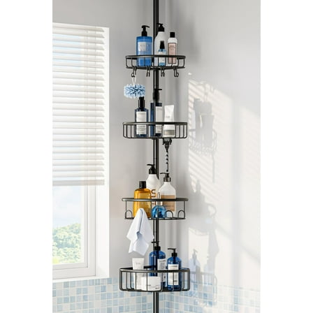 Corner Shower Caddy Tension Pole:Stainless Steel Rustproof 4-Tier Shower Organizer - 47-121 inch Adjustable Bathroom Shelves for Bathtub Shampoo Storage - Tension Rod Floor Standing Bath Rack - Black