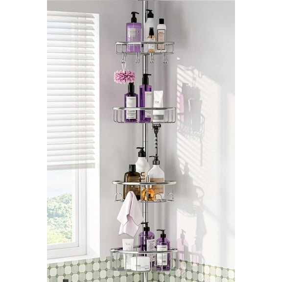 Corner Shower Caddy Tension Pole: Stainless Steel Rustproof 4-Tier Shower Organizer - 47-121 inch Adjustable Bathroom Shelves for Bathtub Shampoo Storage - Tension Rod Floor Standing Bath Rack