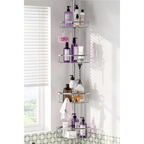 Corner Shower Caddy Tension Pole: Stainless Steel Rustproof 4Tier Shower Organizer 47121 Inch Adjustable Bathroom Shelves For Bathtub Shampoo Storage Tension Rod Floor Standing Bath Rack Silver