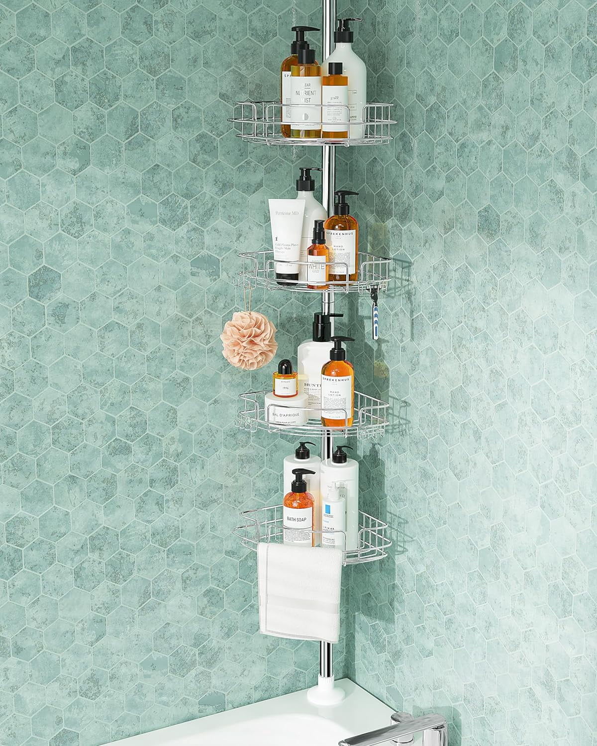 Corner Shower Caddy Tension Pole, Sturdy Shower Organizer Corner with 4 ...