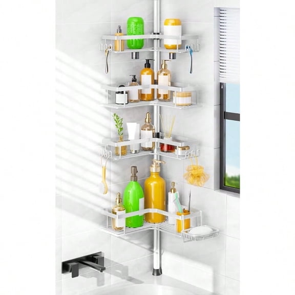 Corner Shower Caddy White: 4-Tier Rustproof Bathroom Bathtub Organizer Shelf with Soap Holder Hooks - No-Drill Adjustable Standing Tension Pole Rack for Apartment Renters - 47-123 Inch