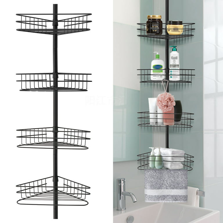 Corner Shower Caddy for Bathroom，Bathtub Storage Organizer for Shampoo  Accessories,4-Tier Adjustable Shelves with Tension Pole，Black 