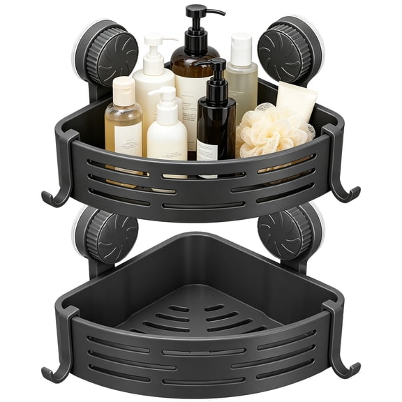 2 Pcs Corner Shower Caddy with Suction Cups, Heavy Duty Bathroom Shelf Storage Organizer with Towel Bar and Hooks, No Drilling Wall Mounted Corner Shelf for Bathroom Kitchen, Gray