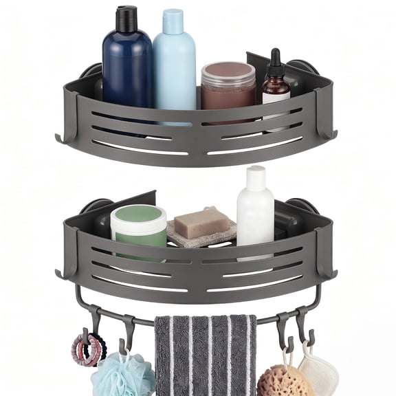 2 Pcs Corner Shower Caddy, Double-Layer Suction Cup No-Drilling Aluminum Organizer, Gray Triangular Bathroom Shelves with Towel Bar & Hooks, Wall Mount Space-Saving for Shower & Kitchen