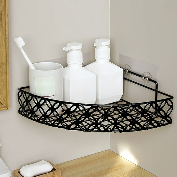 Corner Shower Caddy, iron, Wall Mounted Bathroom Shelf with Adhesive, Storage Organizer for Toilet, Dorm and Kitchen (Black)