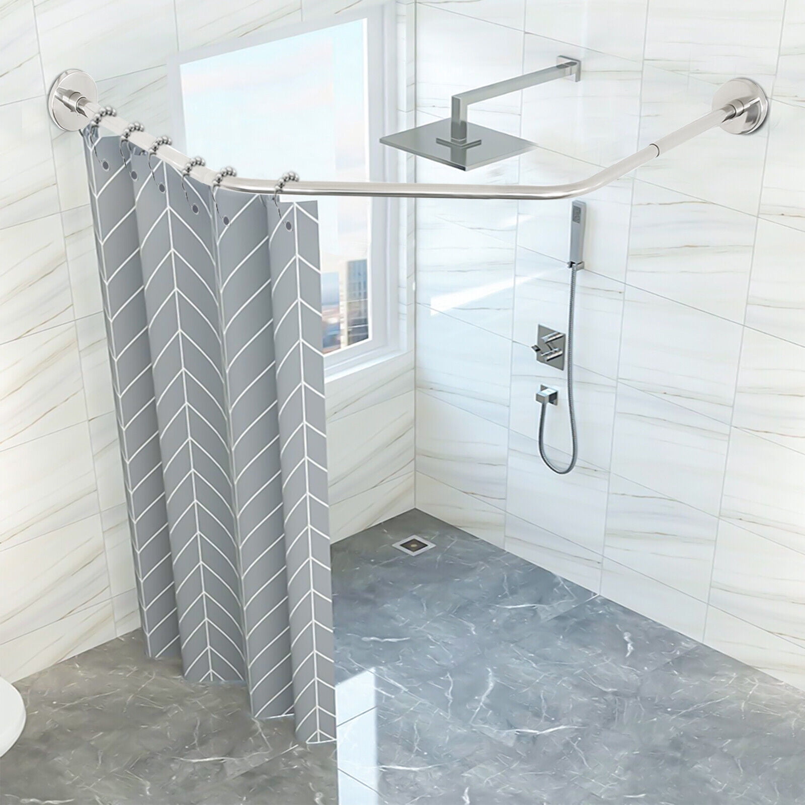 Corner Shower Curtain Rod Adjustable Stainless Steel Curved Shaped Rack  Bathroom 