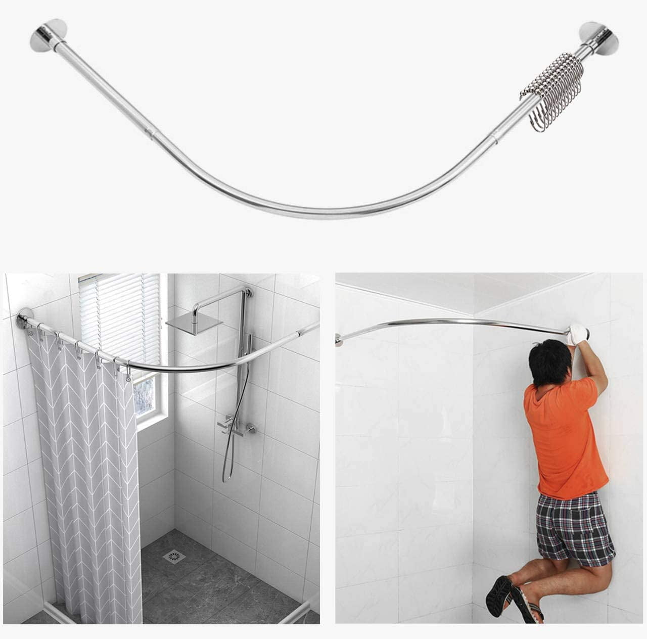 Anvuda L-Shaped Adjustable Shower Curtain Rod - 28-39" X 43-67" Corner Rod, Stainless Steel With 18 Hooks